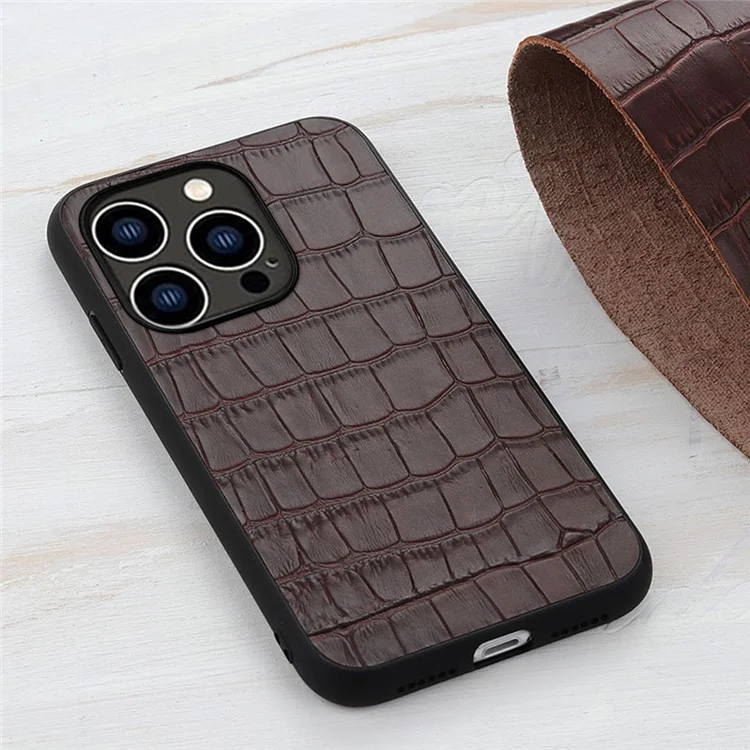 Per iPhone 15 Pro Anti-Scratch Shell Texture Coccodrillo Vera Pelle Bovina+TPU+PC Custodia per Telefono Custodia per Telefono - Marrone