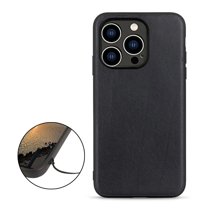 Genuine Cow Leather+TPU Phone Case For iPhone 15 Pro , Shockproof Cell Phone Case - Black