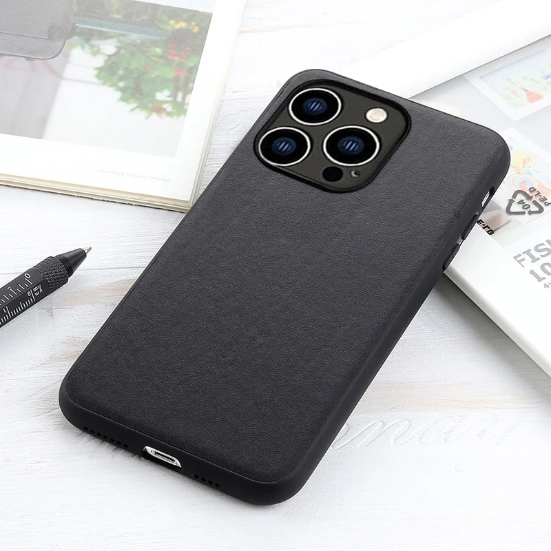 Genuine Cow Leather+TPU Phone Case For iPhone 15 Pro , Shockproof Cell Phone Case - Black