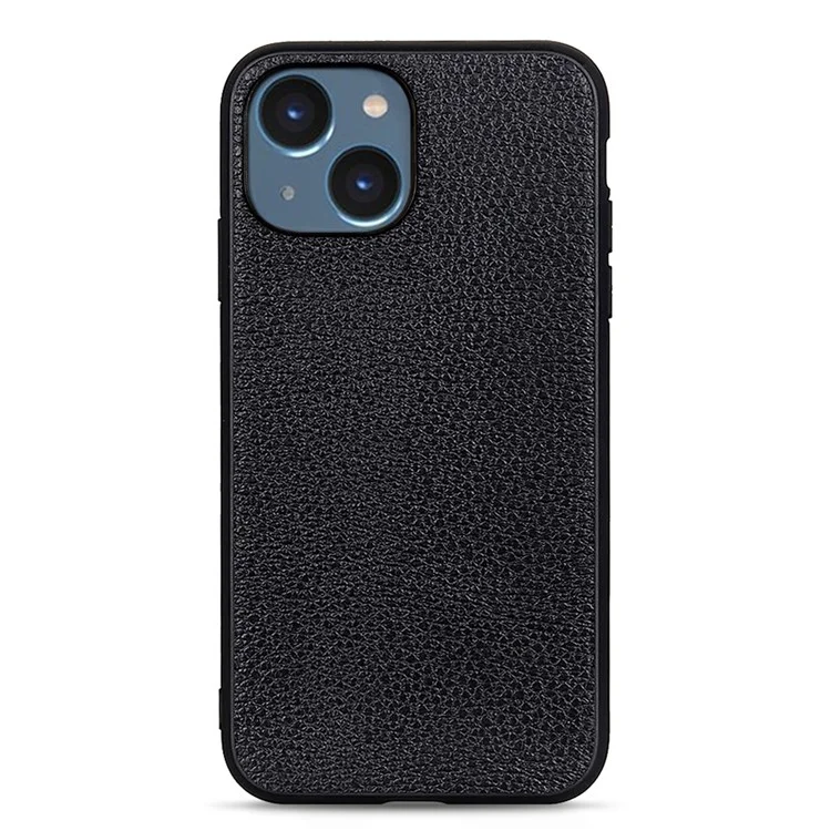 Litchi Texture Phone Case para iPhone 15, Couro Genuíno de Vaca+PC+TPU Anti-Risco Híbrido Capa - Preto