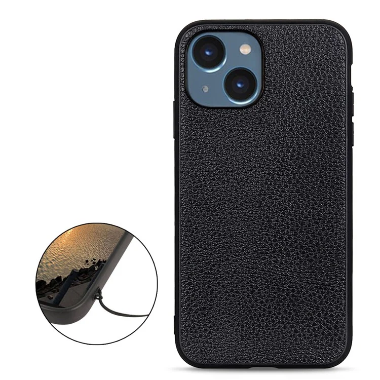 Litchi Texture Phone Case para iPhone 15, Couro Genuíno de Vaca+PC+TPU Anti-Risco Híbrido Capa - Preto