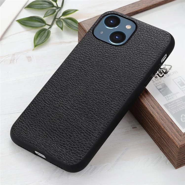 Litchi Texture Phone Case para iPhone 15, Couro Genuíno de Vaca+PC+TPU Anti-Risco Híbrido Capa - Preto