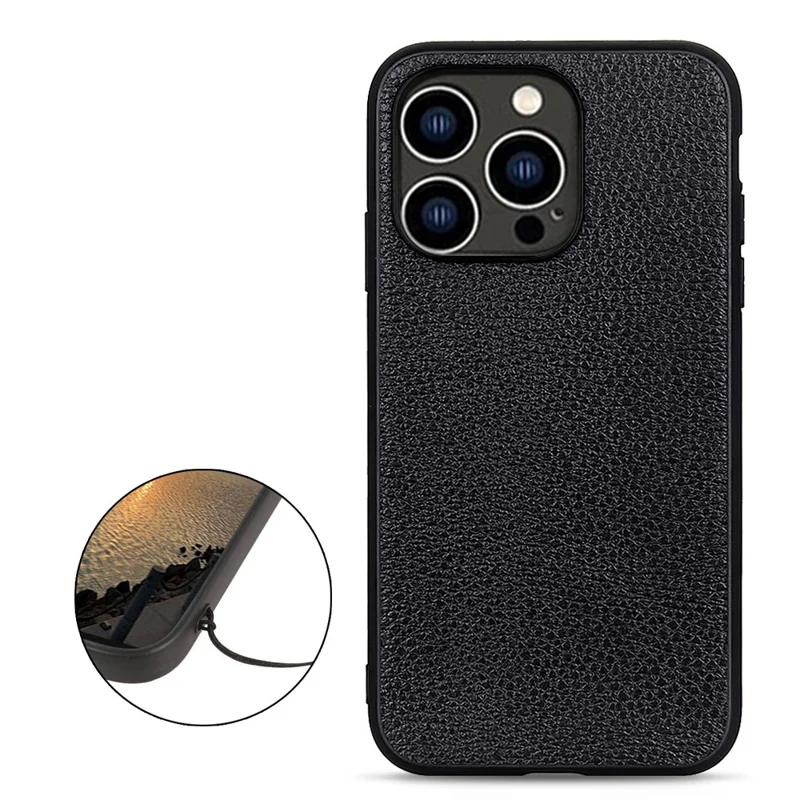 Para iPhone 15 Pro Anti-Scratch Litchi Texture Phone Case Genuine Cow Leather+PC+TPU Hybrid Cover - Negro