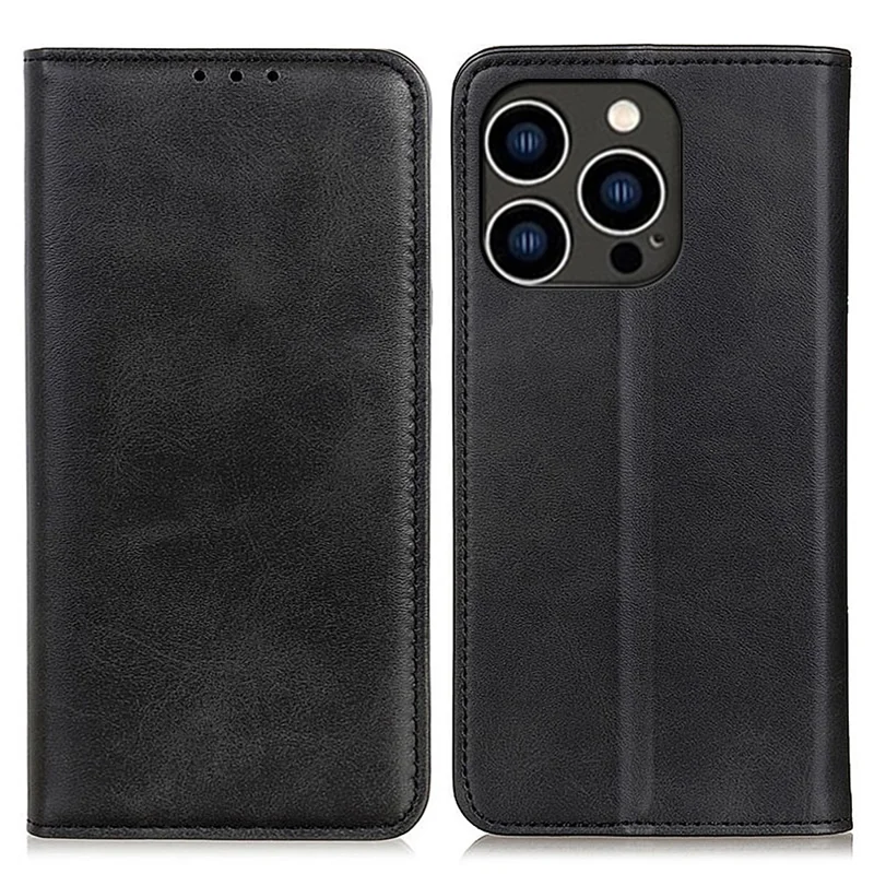 Split Leather Wallet Case for iPhone 15 Pro Max , Full Protection Phone Stand Cover - Black