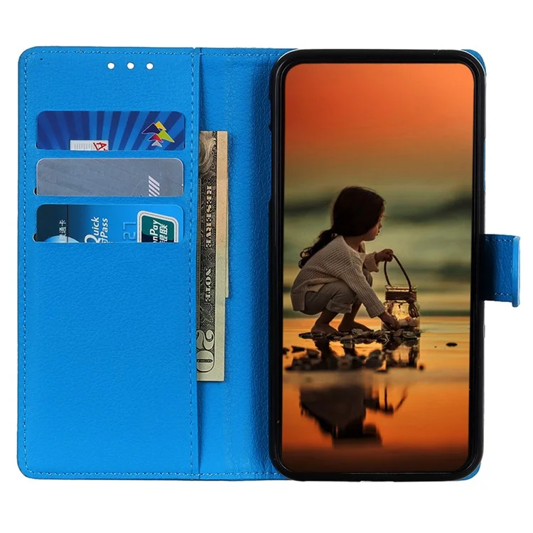 Для iPhone 15 Plus Anti-Scratch Phone Case Wallet Stand PU Leather Litchi Texture Protective Shell - Blue
