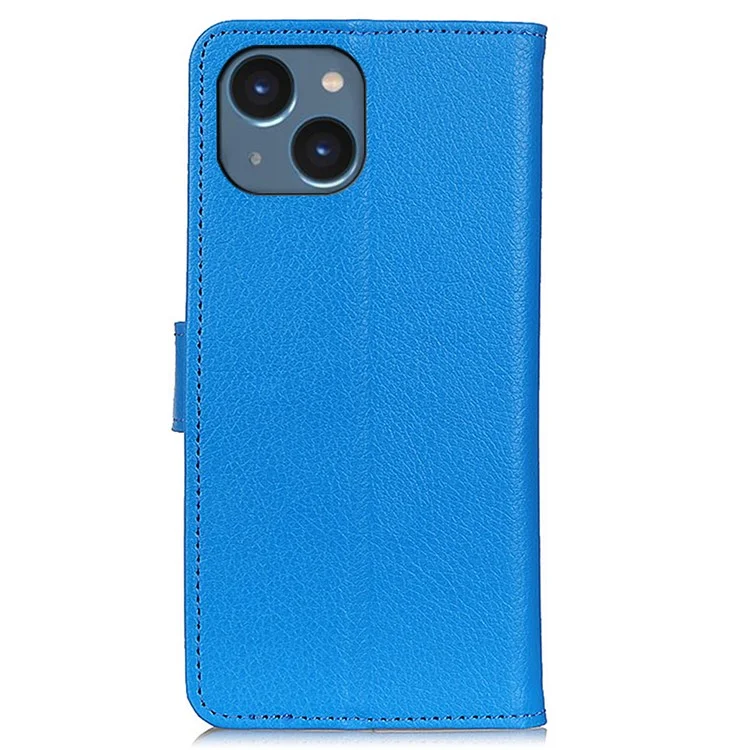 Для iPhone 15 Plus Anti-Scratch Phone Case Wallet Stand PU Leather Litchi Texture Protective Shell - Blue