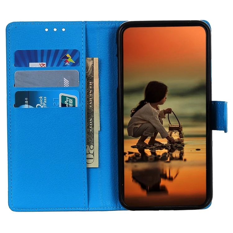 Para iPhone 15 Anti-Scratch Litchi Texture Phone Case Wallet Stand PU Leather Protective Shell - Azul