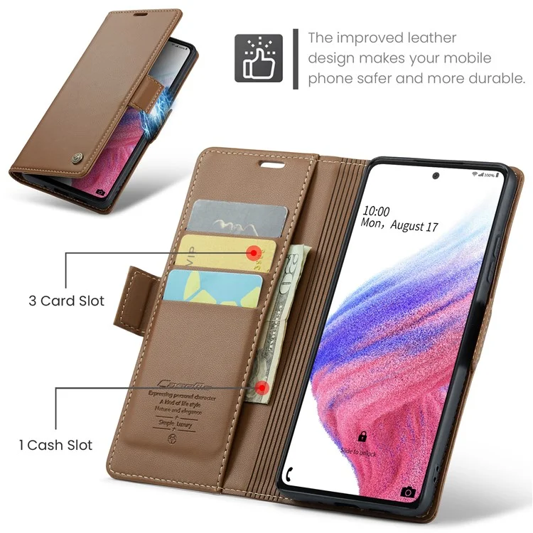 CASEME 023 Series Para Samsung Galaxy A53 5G Funda de Cartera con Bloqueo RFID Textura de Litchi Funda de Pie para Teléfono de Cuero - Marrón 