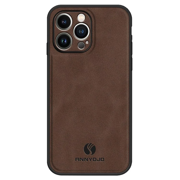 ANNYOJO For iPhone 14 Pro Max Phone Case PU Leather+PC+TPU Bump Proof Cover with Car Mount Metal Sheet - Coffee
