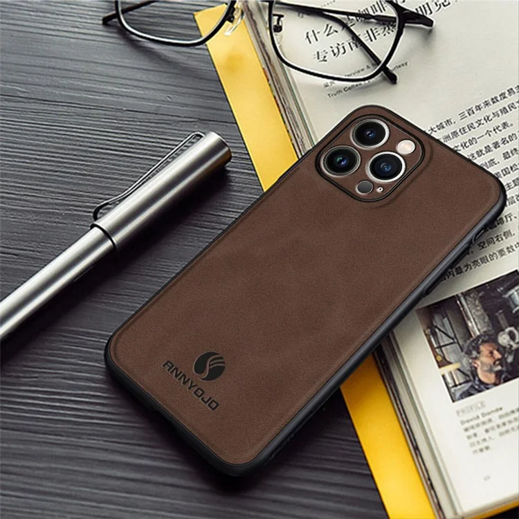 ANNYOJO For iPhone 14 Pro Max Phone Case PU Leather+PC+TPU Bump Proof Cover with Car Mount Metal Sheet - Coffee