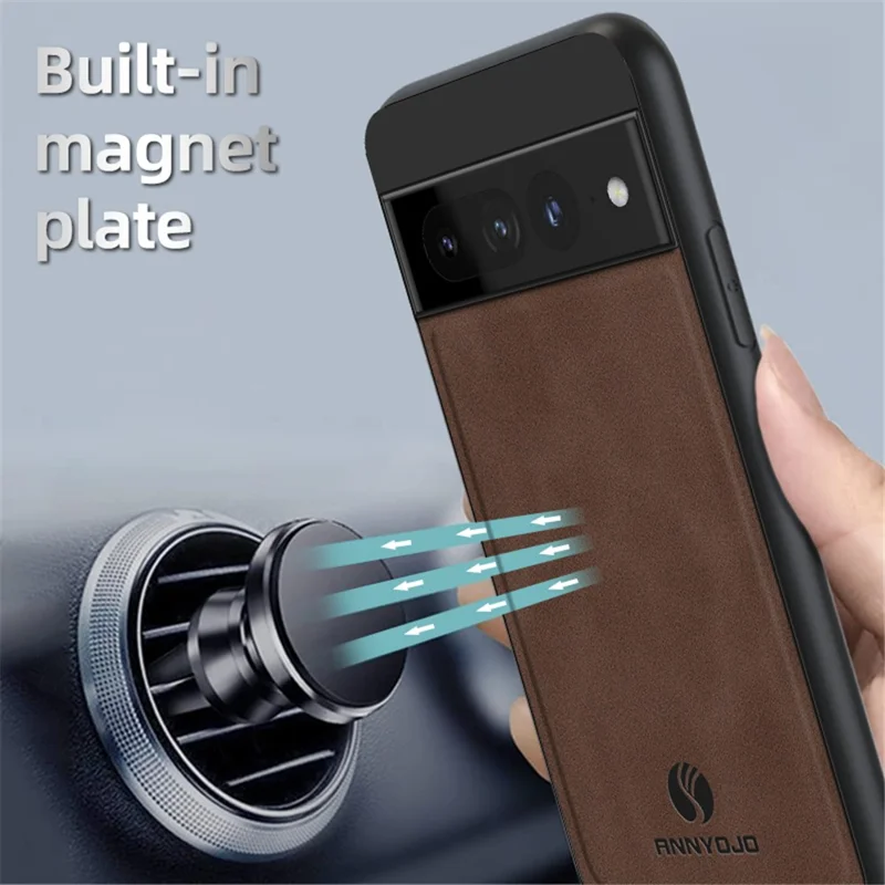 ANNYOJO Capa de proteção à prova de choques para Google Pixel 7 Pro 5G, em couro PU + PC + TPU, com suporte para carro com placa metálica - Coffee