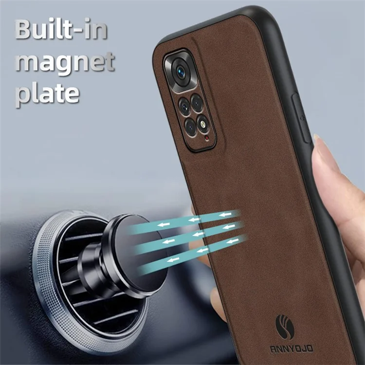 ANNYOJO Per Xiaomi Redmi Note 11S 4G Custodia per telefono cellulare Custodia in pelle PU+PC+TPU con supporto per auto Foglio metallico - Caffè