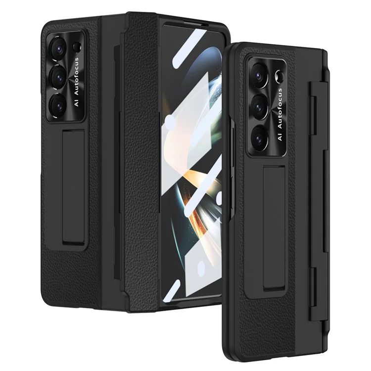 Для Samsung Galaxy Z Fold5 5G Kickstand Phone Case PU Leather+PC Shockproof Protective Cover with Tempered Glass Film - Black