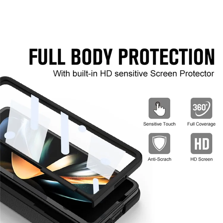 Для Samsung Galaxy Z Fold5 5G Kickstand Phone Case PU Leather+PC Shockproof Protective Cover with Tempered Glass Film - Black