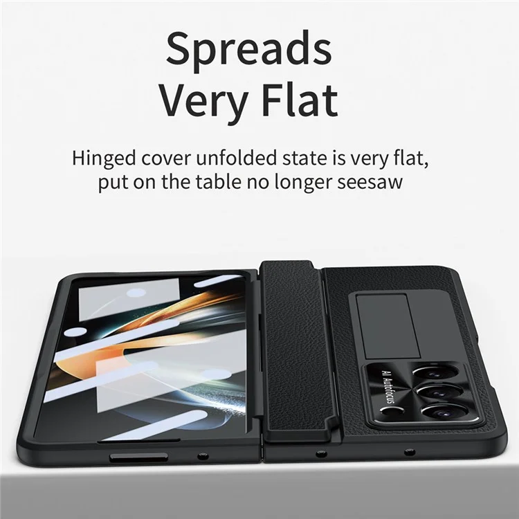 Для Samsung Galaxy Z Fold5 5G Kickstand Phone Case PU Leather+PC Shockproof Protective Cover with Tempered Glass Film - Black
