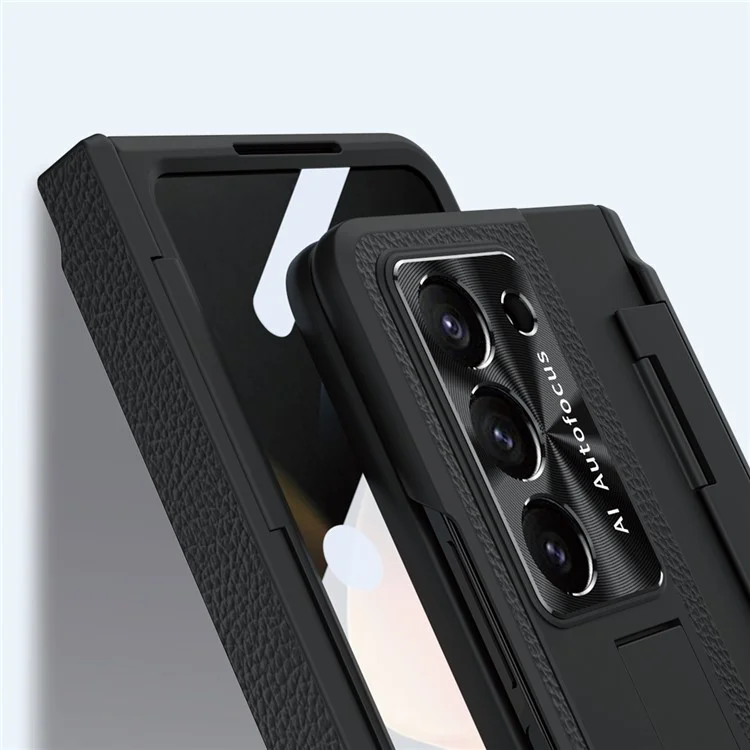 Для Samsung Galaxy Z Fold5 5G Kickstand Phone Case PU Leather+PC Shockproof Protective Cover with Tempered Glass Film - Black