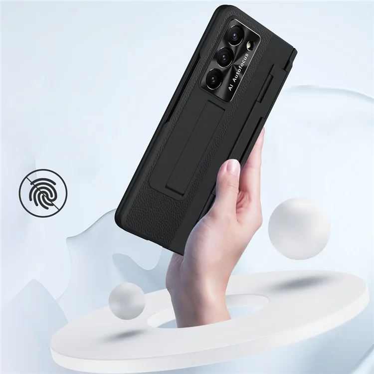 Для Samsung Galaxy Z Fold5 5G Kickstand Phone Case PU Leather+PC Shockproof Protective Cover with Tempered Glass Film - Black