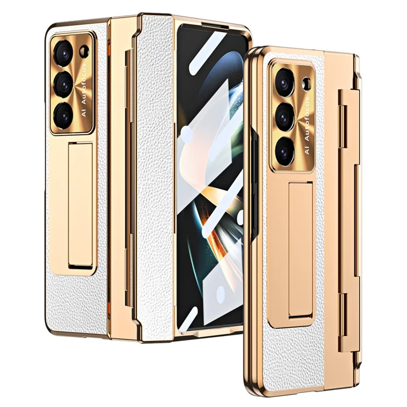 For Samsung Galaxy Z Fold5 5G Kickstand Phone Case PU Leather+PC Shockproof Protective Cover with Tempered Glass Film - Rose Gold / White