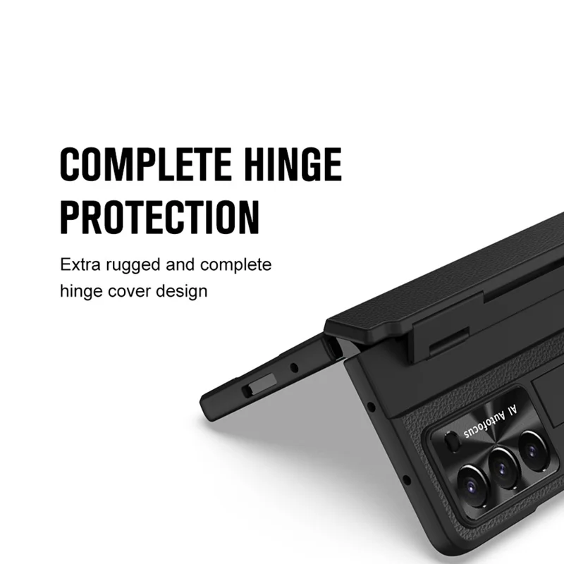 For Samsung Galaxy Z Fold5 5G Kickstand Phone Case PU Leather+PC Shockproof Protective Cover with Tempered Glass Film - Rose Gold / White