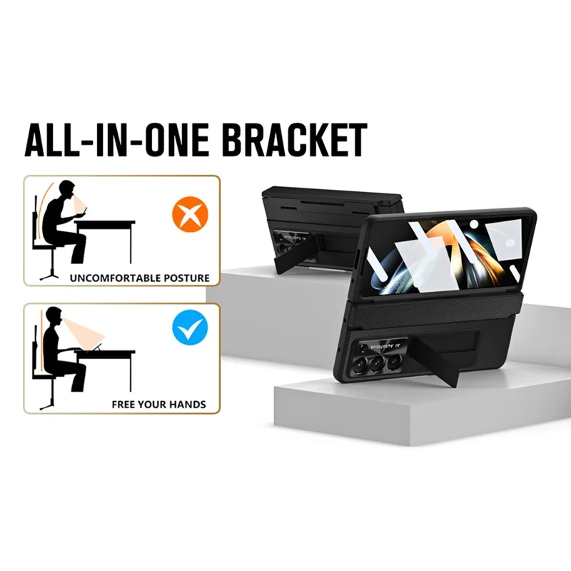 For Samsung Galaxy Z Fold5 5G Kickstand Phone Case PU Leather+PC Shockproof Protective Cover with Tempered Glass Film - Rose Gold / White