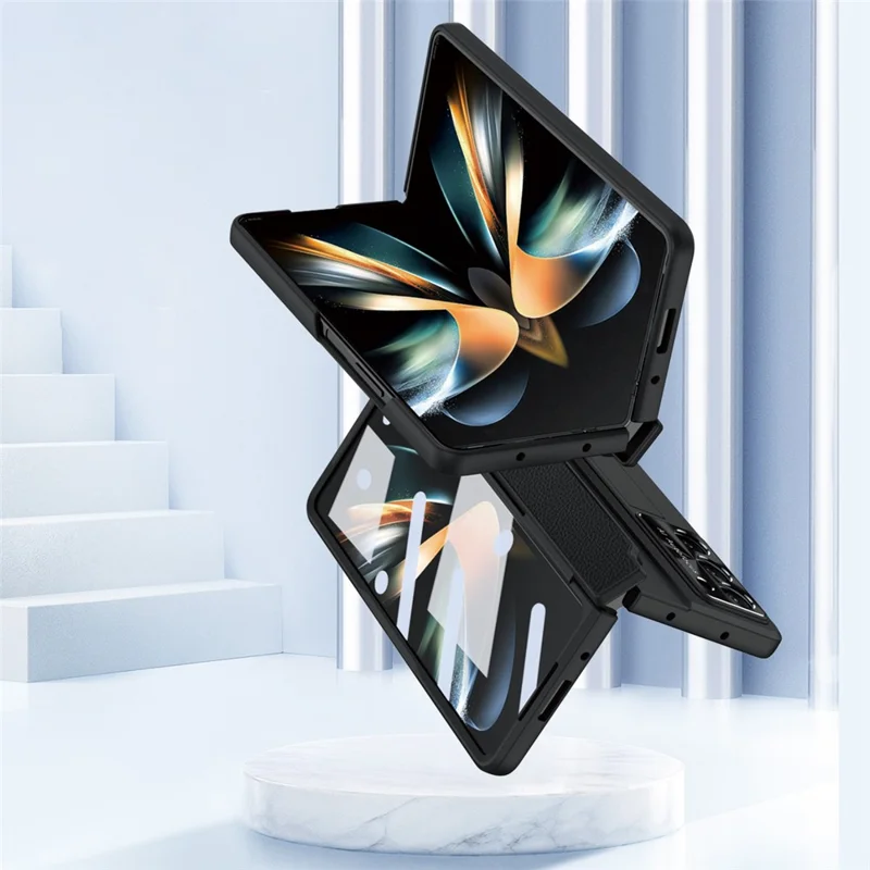 For Samsung Galaxy Z Fold5 5G Kickstand Phone Case PU Leather+PC Shockproof Protective Cover with Tempered Glass Film - Rose Gold / White