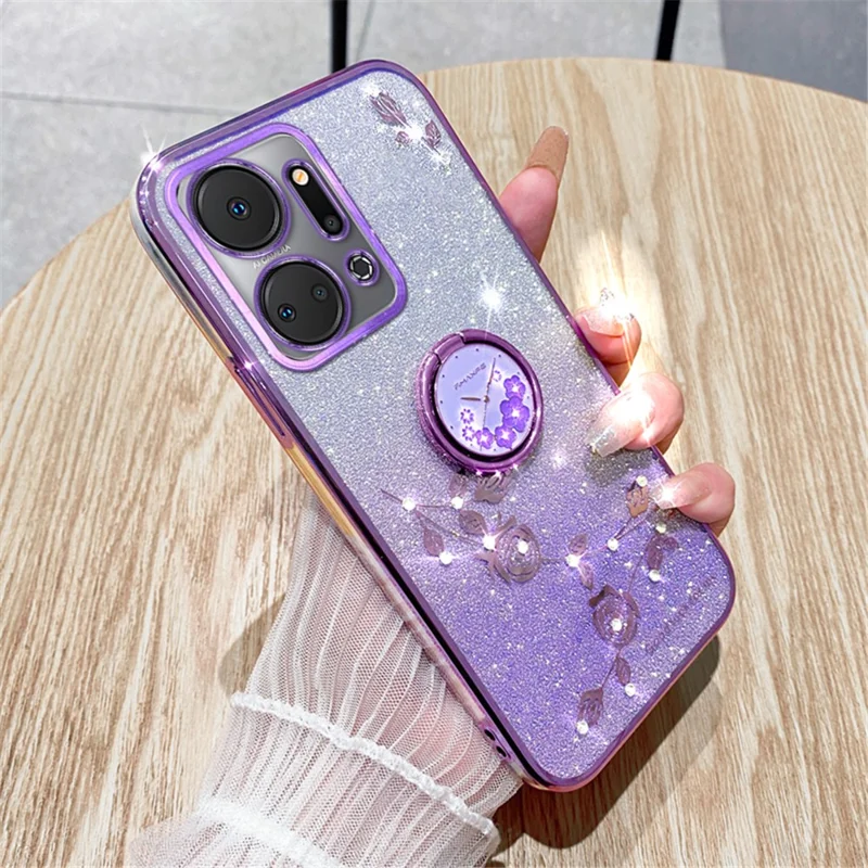 KADEM For Honor X7a 4G Rhinestonblomme TPU-dæksel Glitter Gradient telefontilfælde med ringstativ - Lilla