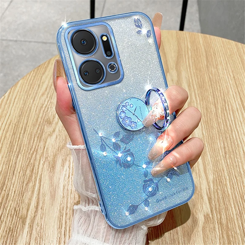 KADEM For Honor X7a 4G Rhinestonblomme TPU-dæksel Glitter Gradient telefontilfælde med ringstativ - Lilla