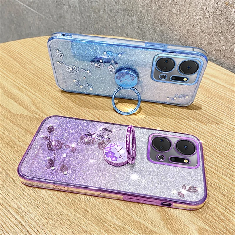 KADEM For Honor X7a 4G Rhinestonblomme TPU-dæksel Glitter Gradient telefontilfælde med ringstativ - Lilla
