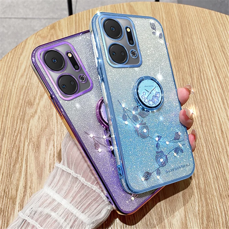KADEM For Honor X7a 4G Rhinestonblomme TPU-dæksel Glitter Gradient telefontilfælde med ringstativ - Lilla