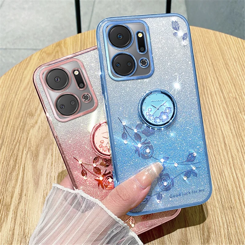 KADEM For Honor X7a 4G Rhinestonblomme TPU-dæksel Glitter Gradient telefontilfælde med ringstativ - Lilla
