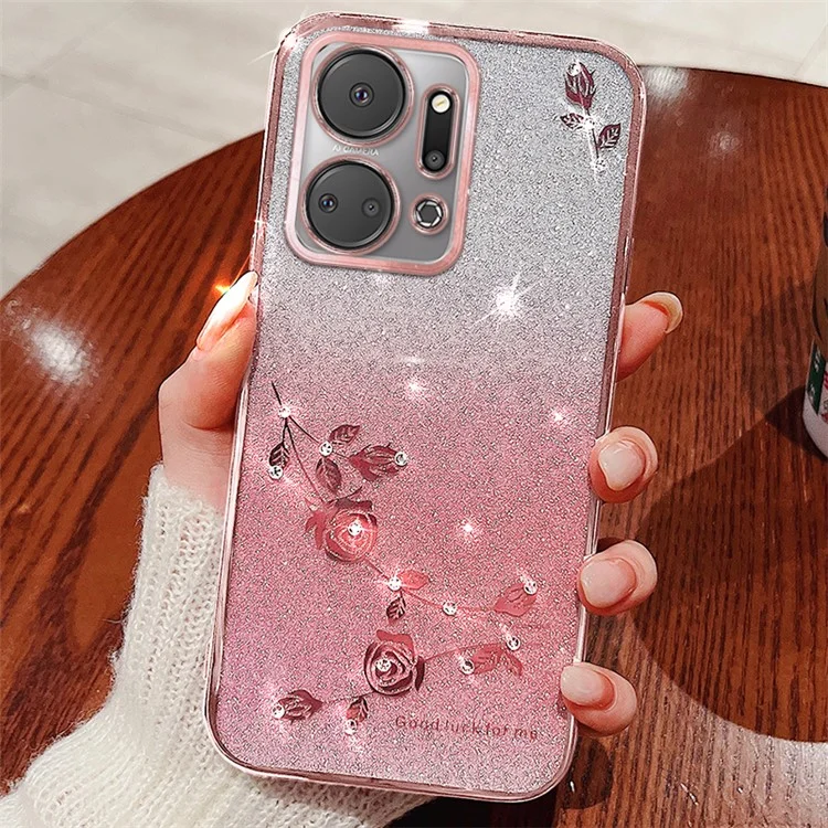 Étui à fleurs de paillettes en cristal KADEM pour Honor X7a 4G, couleur dégradée, housse de téléphone anti-rayures en TPU - Or rose
