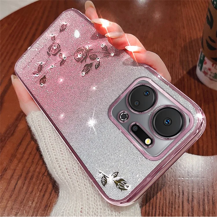 Étui à fleurs de paillettes en cristal KADEM pour Honor X7a 4G, couleur dégradée, housse de téléphone anti-rayures en TPU - Or rose