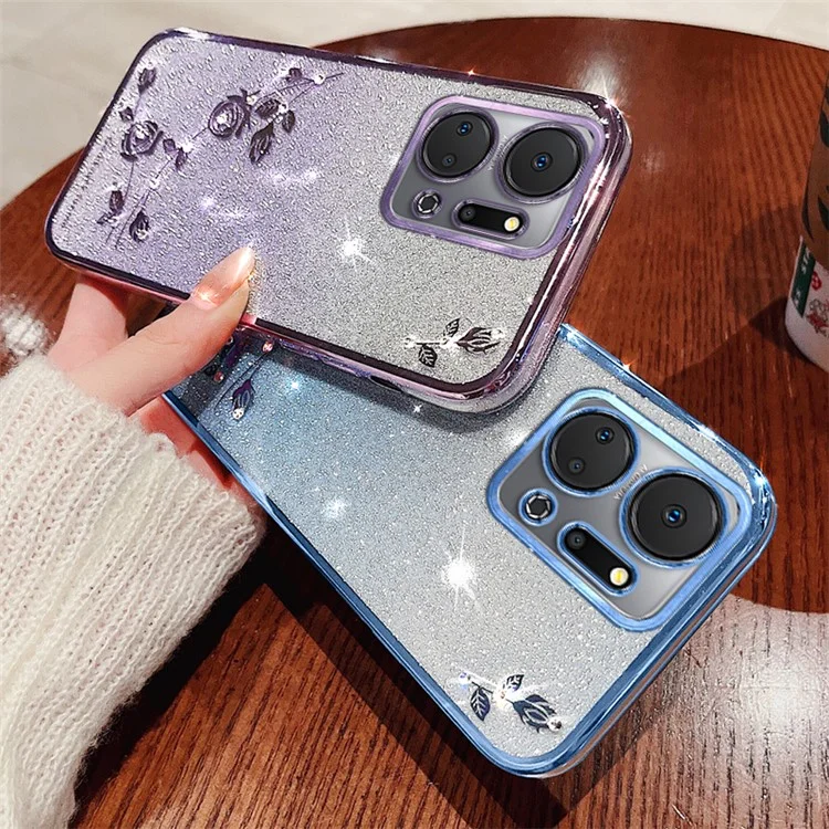 Étui à fleurs de paillettes en cristal KADEM pour Honor X7a 4G, couleur dégradée, housse de téléphone anti-rayures en TPU - Or rose
