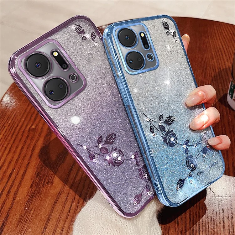 Étui à fleurs de paillettes en cristal KADEM pour Honor X7a 4G, couleur dégradée, housse de téléphone anti-rayures en TPU - Or rose