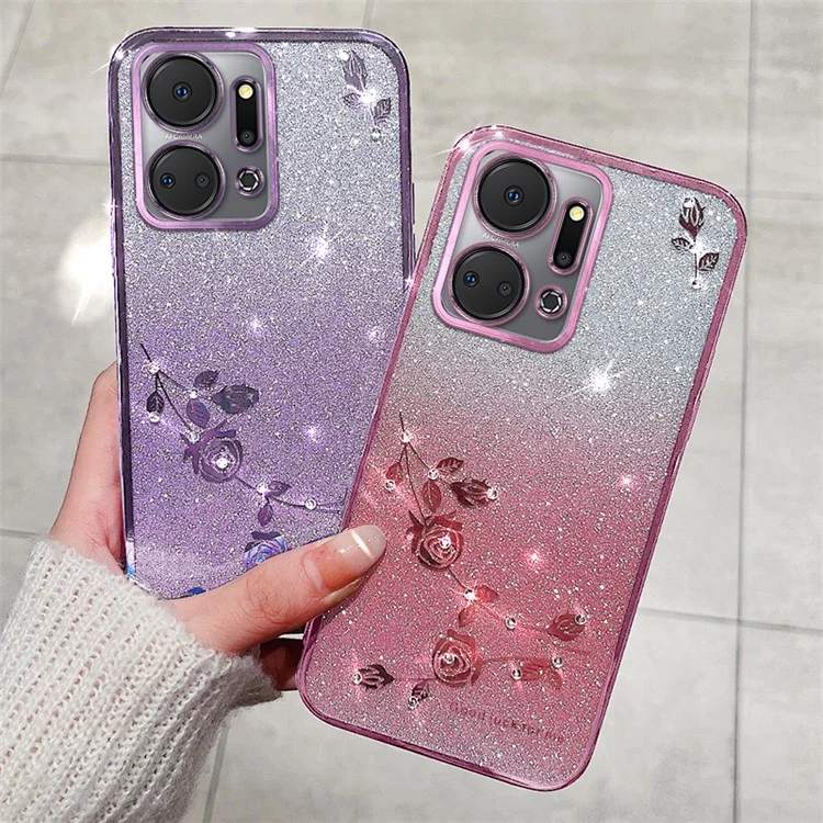 KADEM Pour Honor X7a Étui TPU 4G Dégradé Paillettes Strass Fleur Étui de Téléphone avec Sangle - Or Rose 