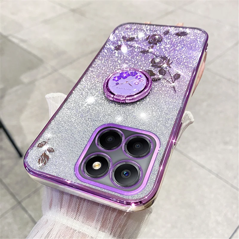 KADEM For Honor X8 5G / X6 4G / 70 Lite 5G Ring Kickstand TPU Case Gradient Glitter Flower Pattern Phone Cover - Purple