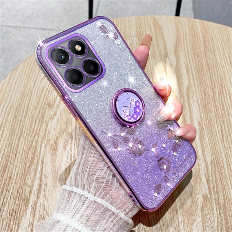 KADEM For Honor X8 5G / X6 4G / 70 Lite 5G Ring Kickstand TPU Case Gradient Glitter Flower Pattern Phone Cover - Purple