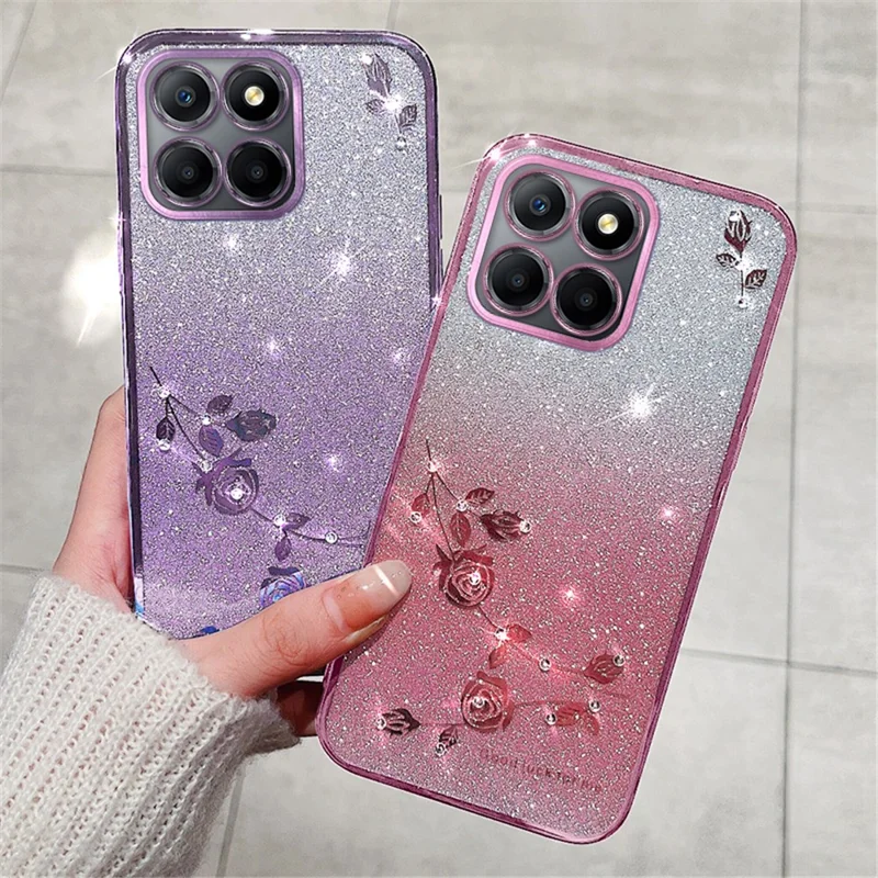 KADEM For Honor X8 5G / X6 4G / 70 Lite 5G Rhinestone Flower Phone Case Glitter Gradient TPU Cover - Purple