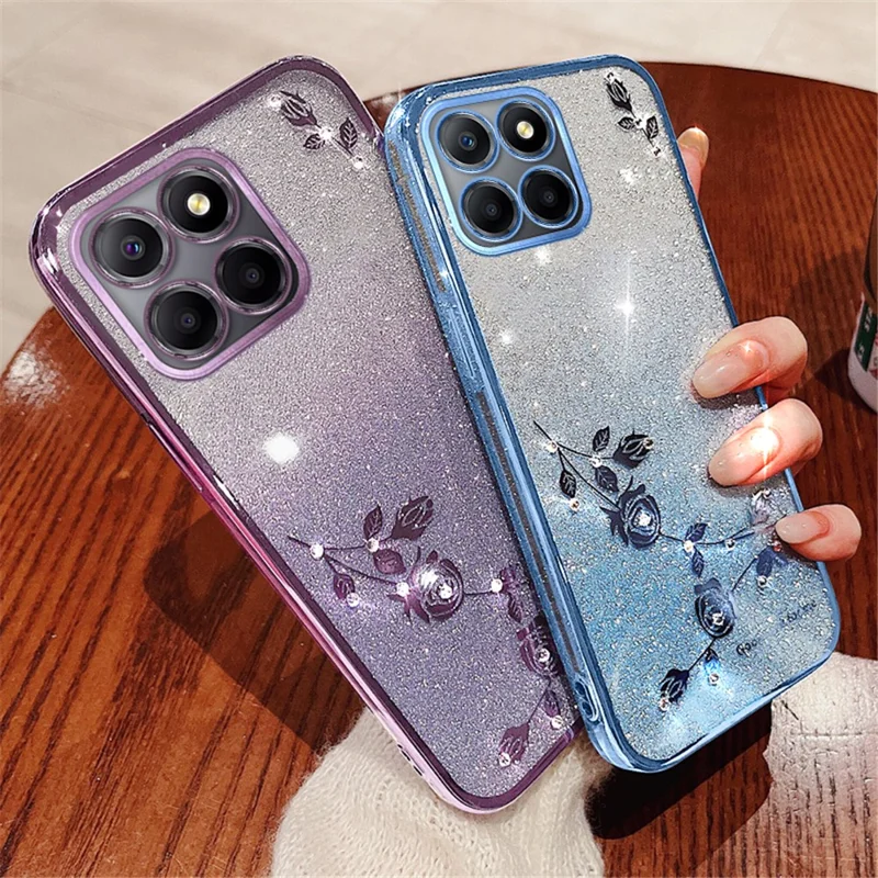 KADEM For Honor X8 5G / X6 4G / 70 Lite 5G Rhinestone Flower Phone Case Glitter Gradient TPU Cover - Blue