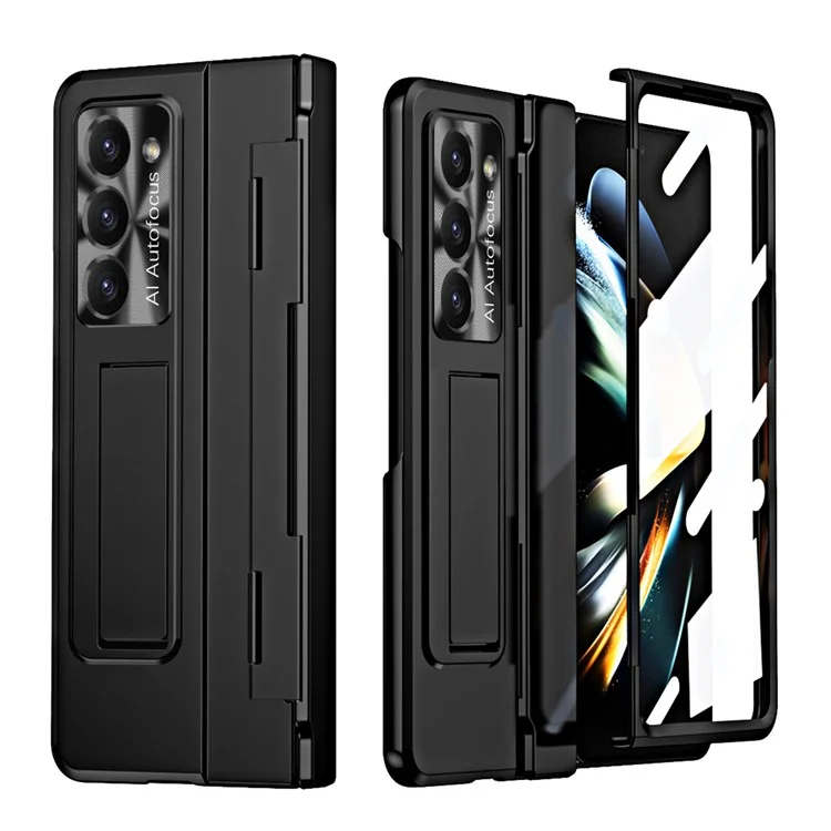 Para Samsung Galaxy Z Fold5 5G Kickstand Hard PC Case Protective Phone Cover with Lens Film and Tempered Glass Screen Film - Preto