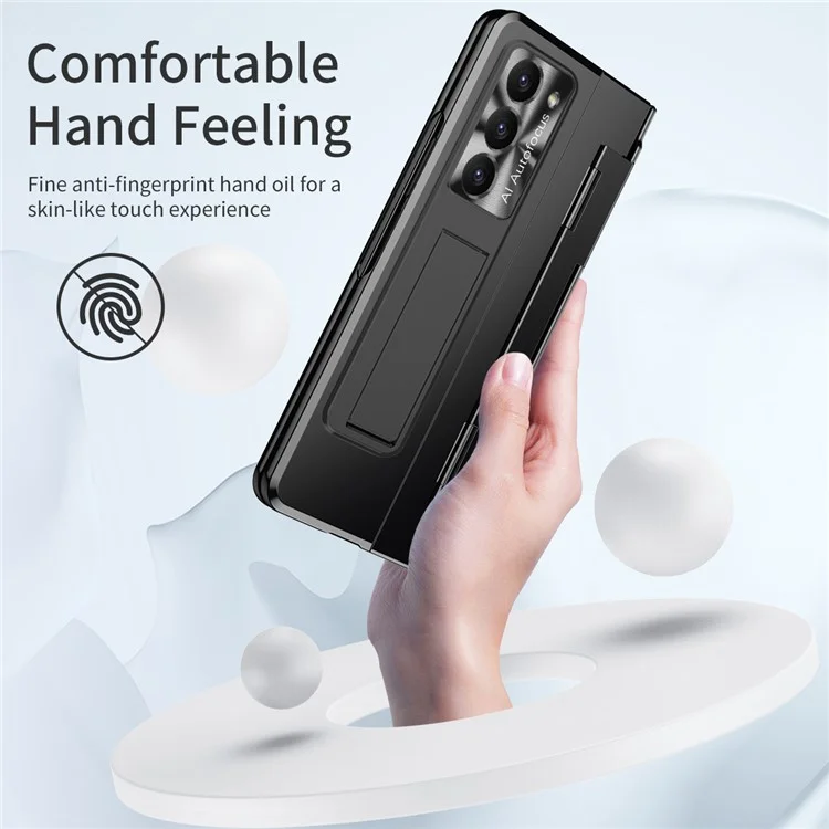 Para Samsung Galaxy Z Fold5 5G Kickstand Hard PC Case Protective Phone Cover with Lens Film and Tempered Glass Screen Film - Preto