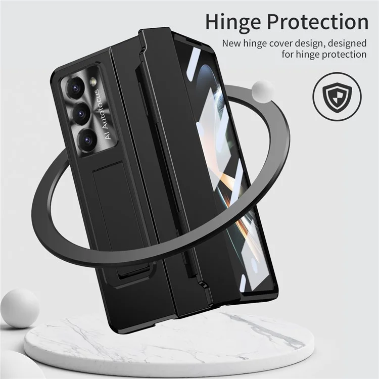 Para Samsung Galaxy Z Fold5 5G Kickstand Hard PC Case Protective Phone Cover with Lens Film and Tempered Glass Screen Film - Preto