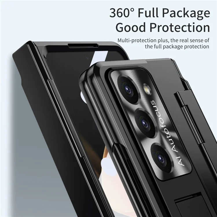 Para Samsung Galaxy Z Fold5 5G Kickstand Hard PC Case Protective Phone Cover with Lens Film and Tempered Glass Screen Film - Preto