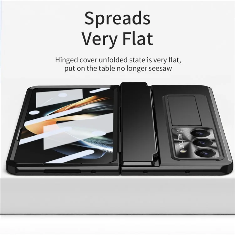 Para Samsung Galaxy Z Fold5 5G Kickstand Hard PC Case Protective Phone Cover with Lens Film and Tempered Glass Screen Film - Preto