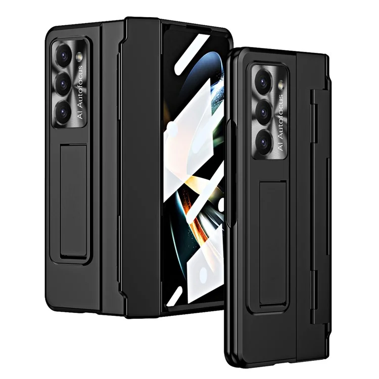 Para Samsung Galaxy Z Fold5 5G Kickstand Hard PC Case Protective Phone Cover with Lens Film and Tempered Glass Screen Film - Preto