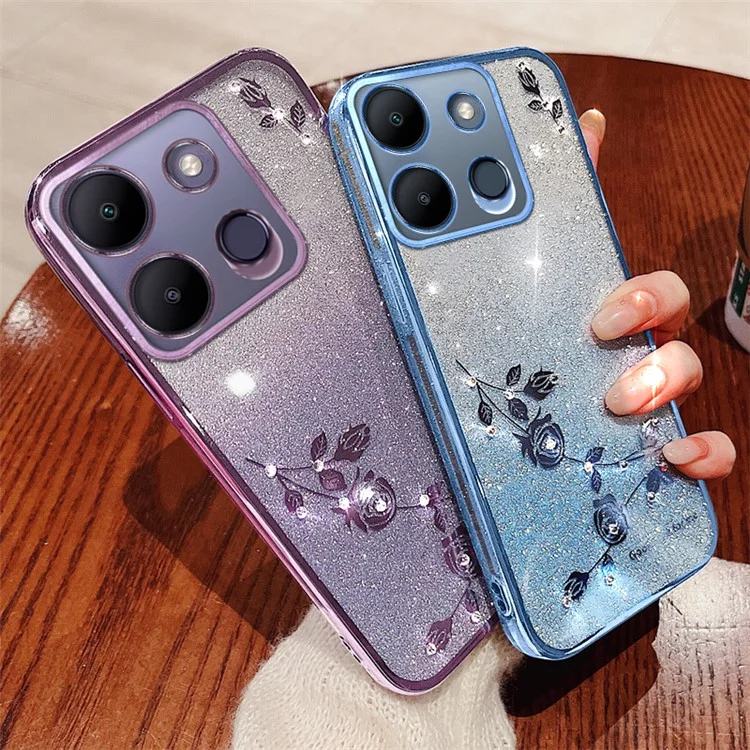KADEM For Infinix Smart 7 4G Gradient Glitter TPU Case Rhinestone Flower Anti-Drop Phone Cover - Rose Gold