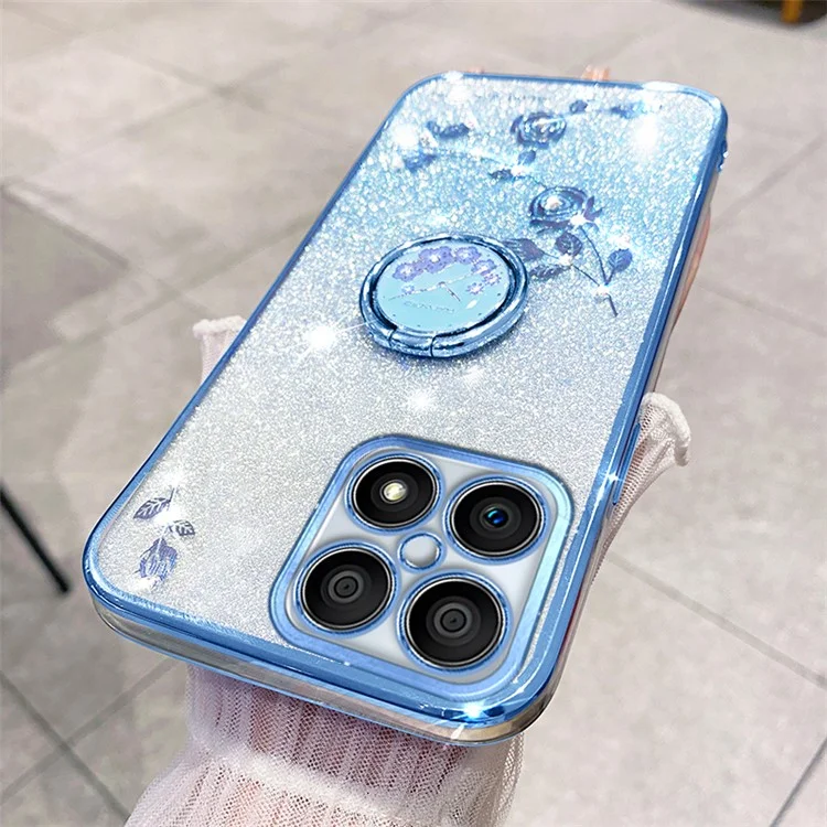 KADEM For Honor X8 4G / X30i Custodia per telefono TPU Glitter Gradient Anello di supporto Decorazione floreale con strass Antiurto - Blu 