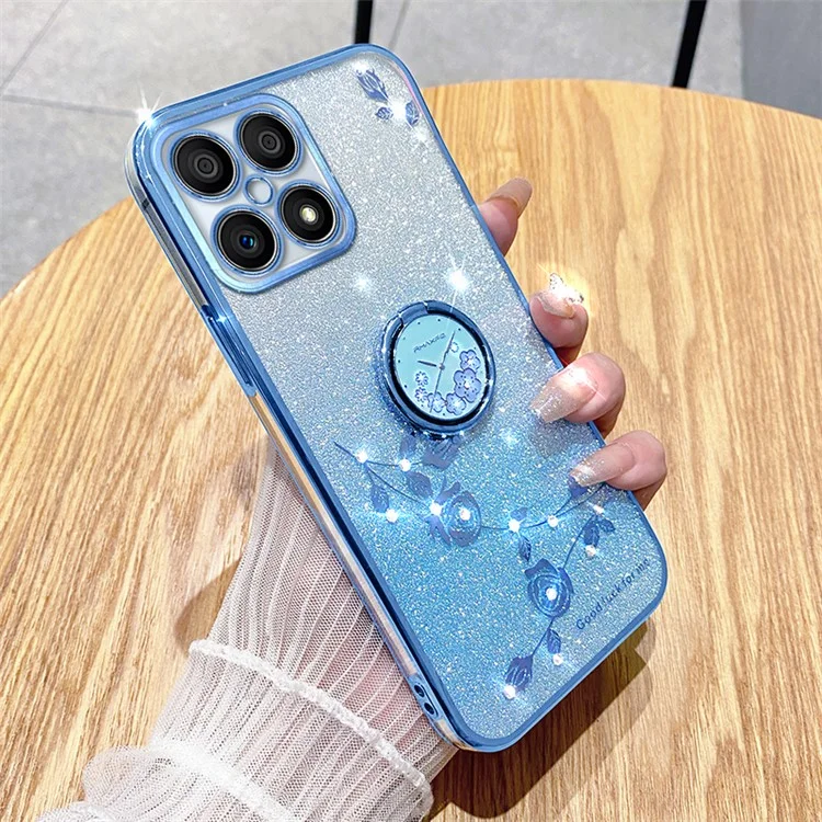 KADEM For Honor X8 4G / X30i Custodia per telefono TPU Glitter Gradient Anello di supporto Decorazione floreale con strass Antiurto - Blu 