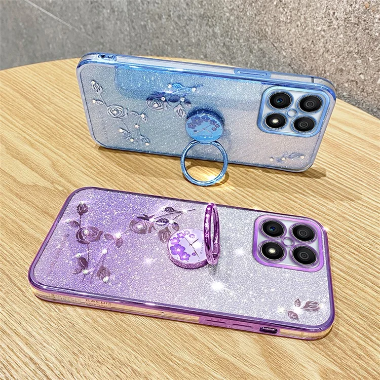 KADEM For Honor X8 4G / X30i Custodia per telefono TPU Glitter Gradient Anello di supporto Decorazione floreale con strass Antiurto - Blu 