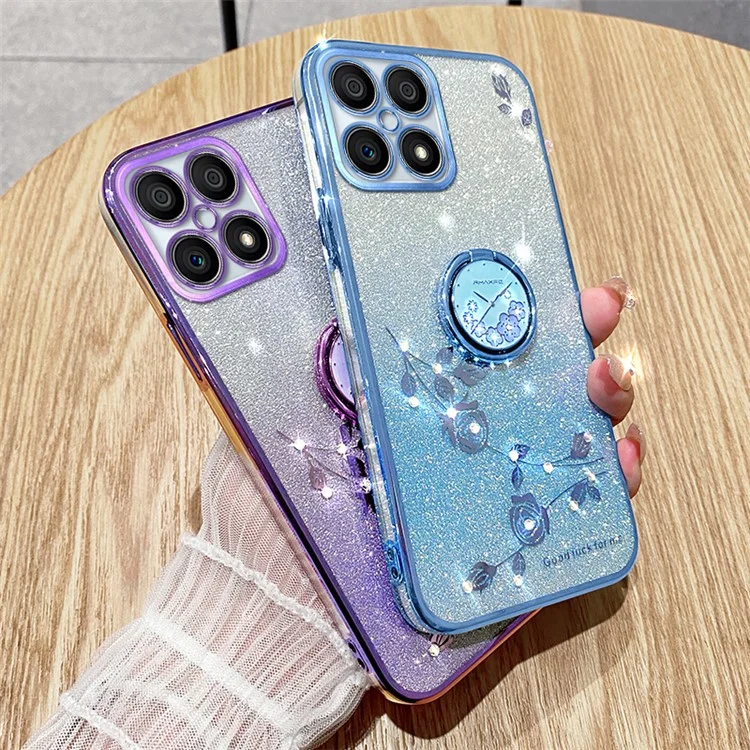 KADEM For Honor X8 4G / X30i Custodia per telefono TPU Glitter Gradient Anello di supporto Decorazione floreale con strass Antiurto - Blu 